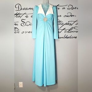 Vintage 70s Pale Blue Long Sleeve Wide Collar Formal Gown, S